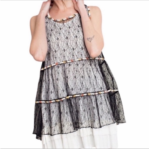 easel Tops - EASEL sheer lace babydoll tunic top M black